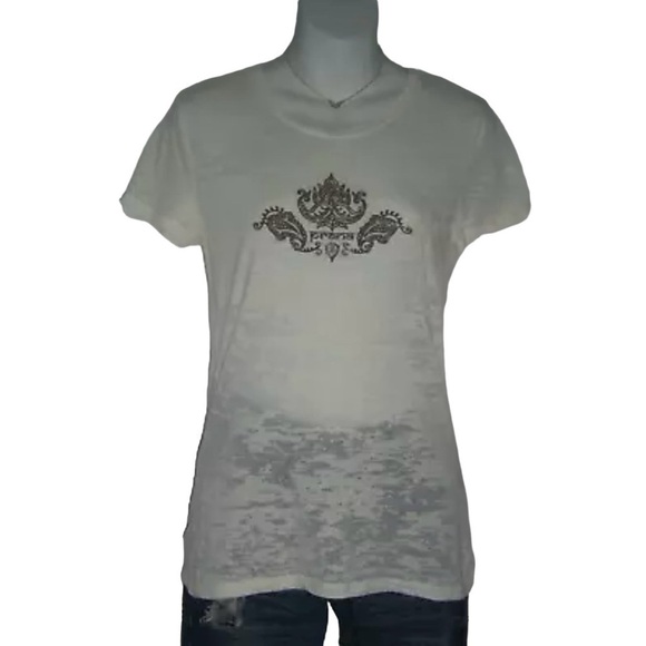 PrAna Tee Shirt Ivory Burn Out Brown Logo Artwork Casual Athleisure Sporty Yoga - Picture 1 of 7